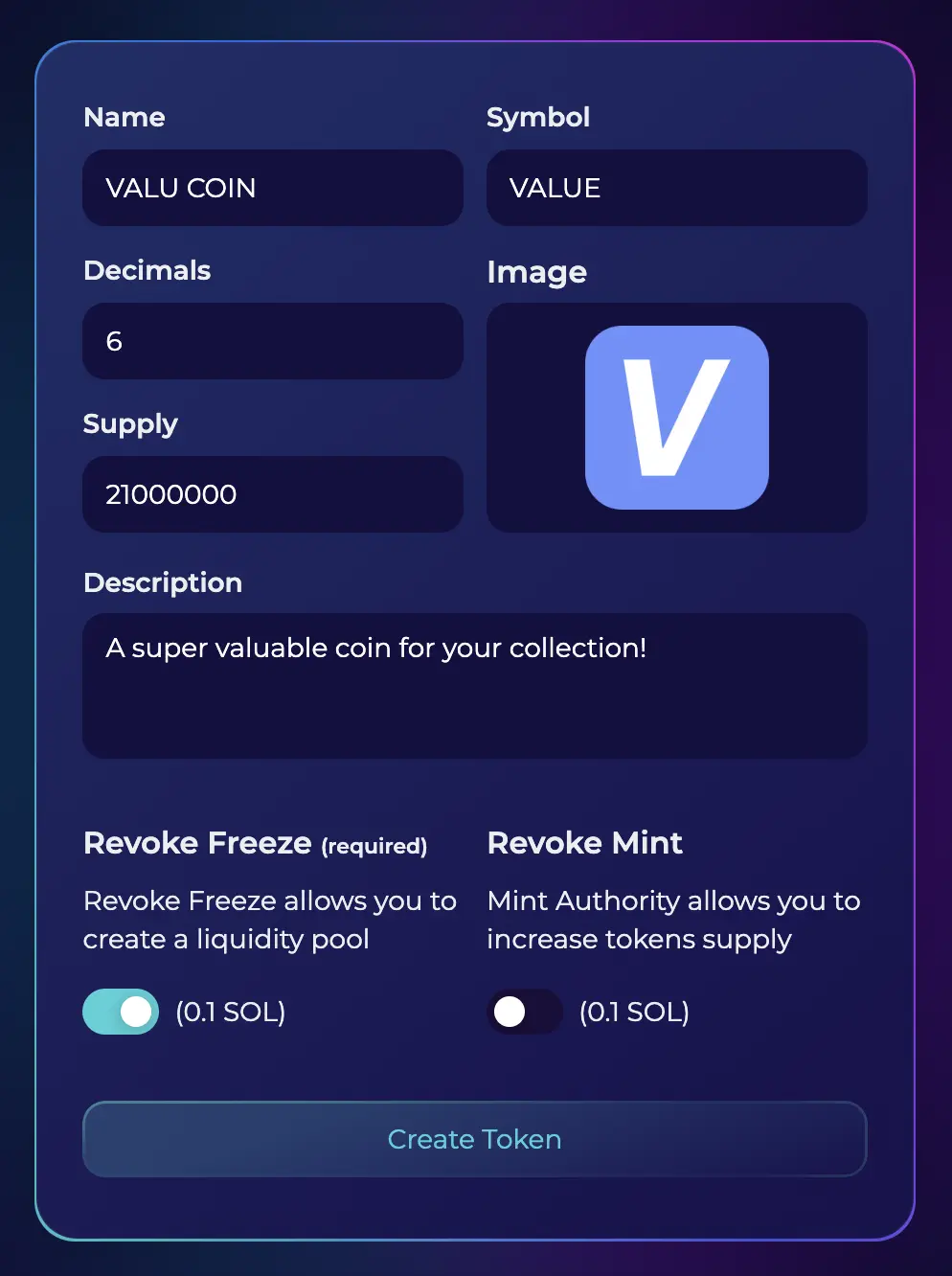 Token creation form with fields highlighted