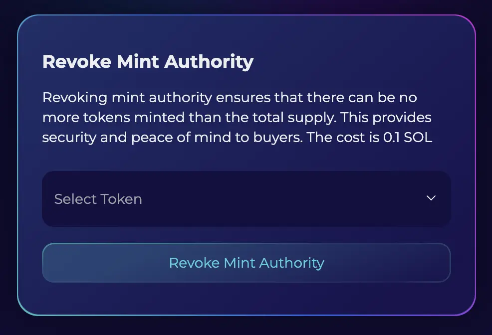 Orion Tools Manage Token page with "Revoke Mint Authority" button highlighted