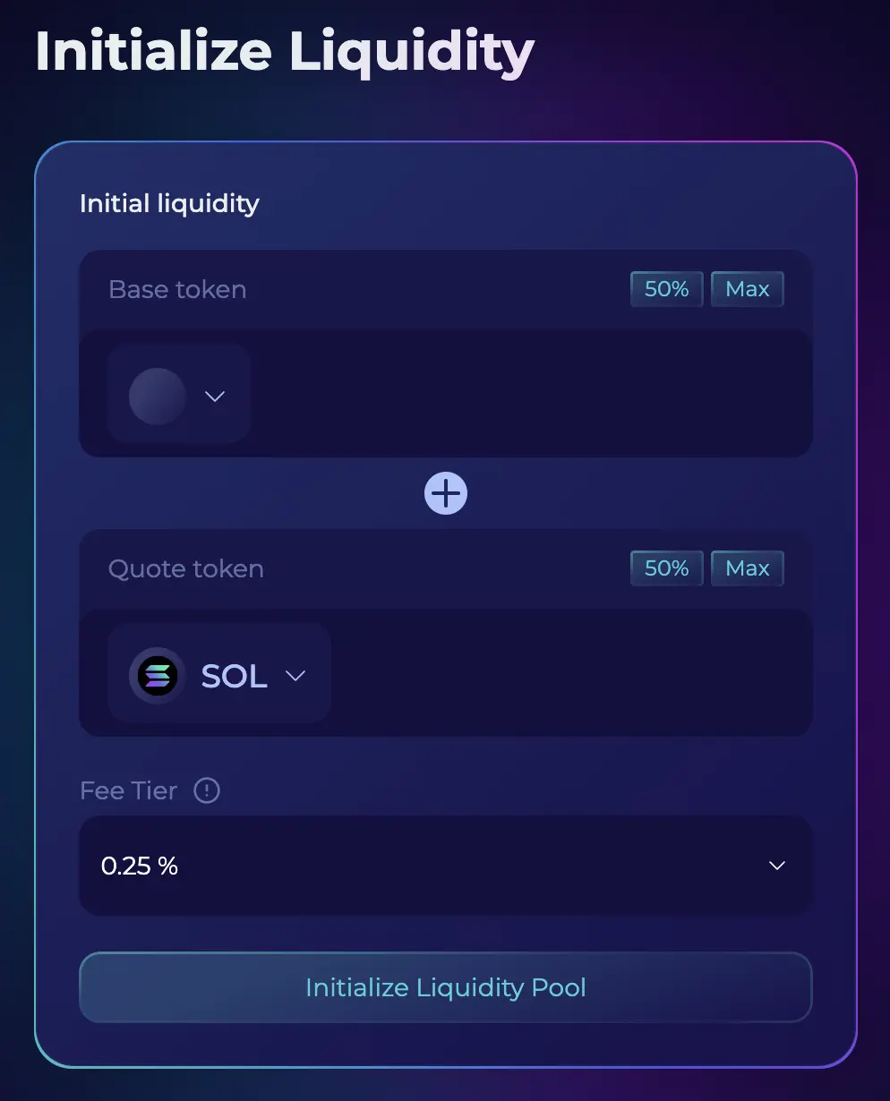 Orion Tools Liquidity Pool creation page