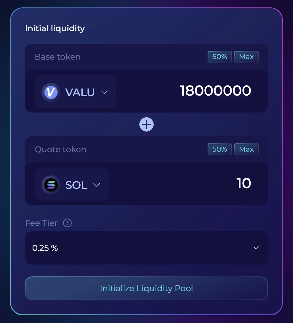 Pool details form with Base Token, Quote Token, and Fee Tier highlighted